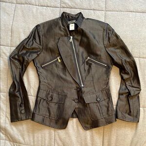 Vintage Metallic Navy Blue Size 8 Blazer with Asymmetrical Zip and Lapels